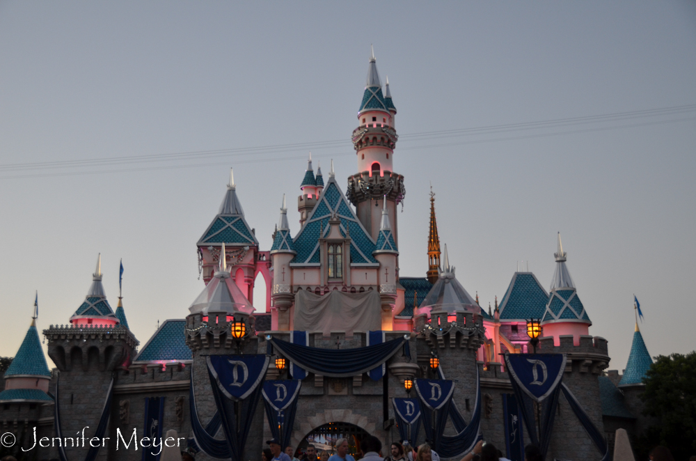 The castle pinkens at dusk.