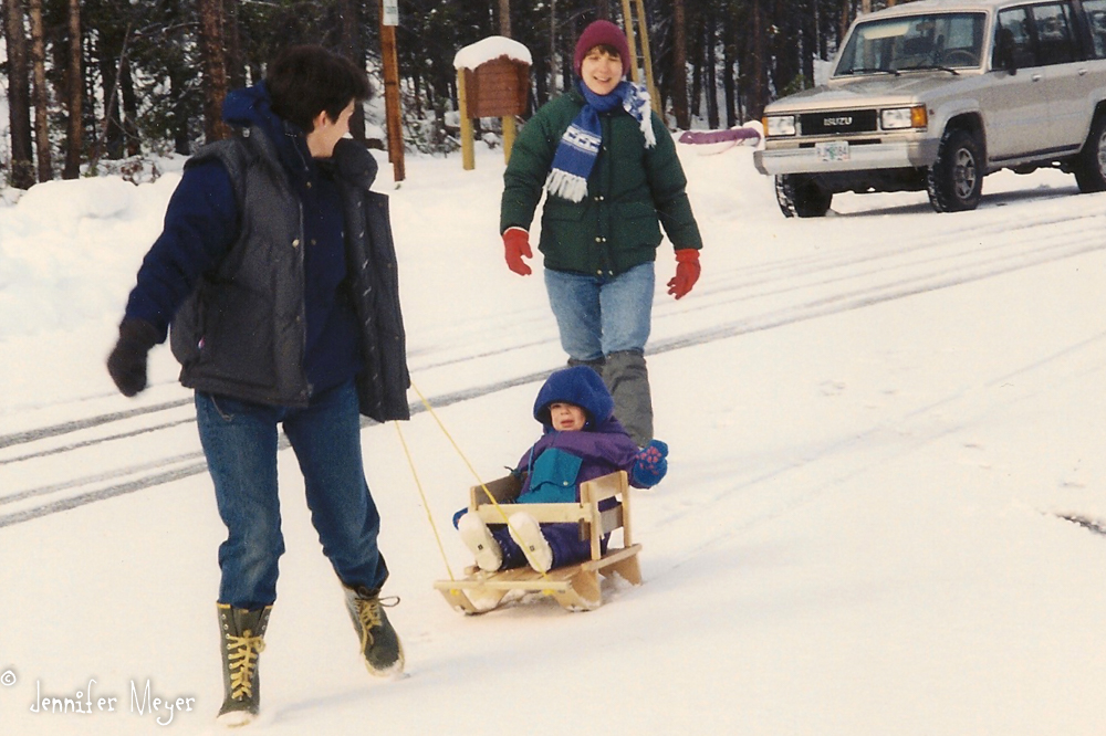 Going sledding in the mountains.