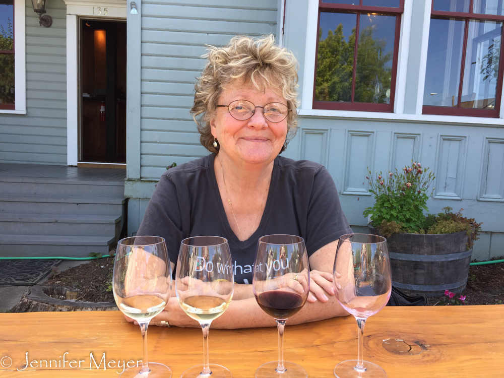 Kate does a little wine tasting.