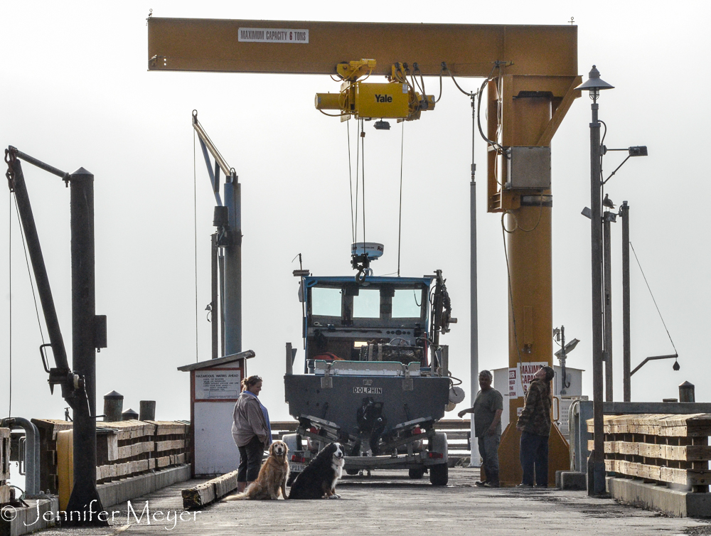 The girls watched this boat hoisted up by crane.