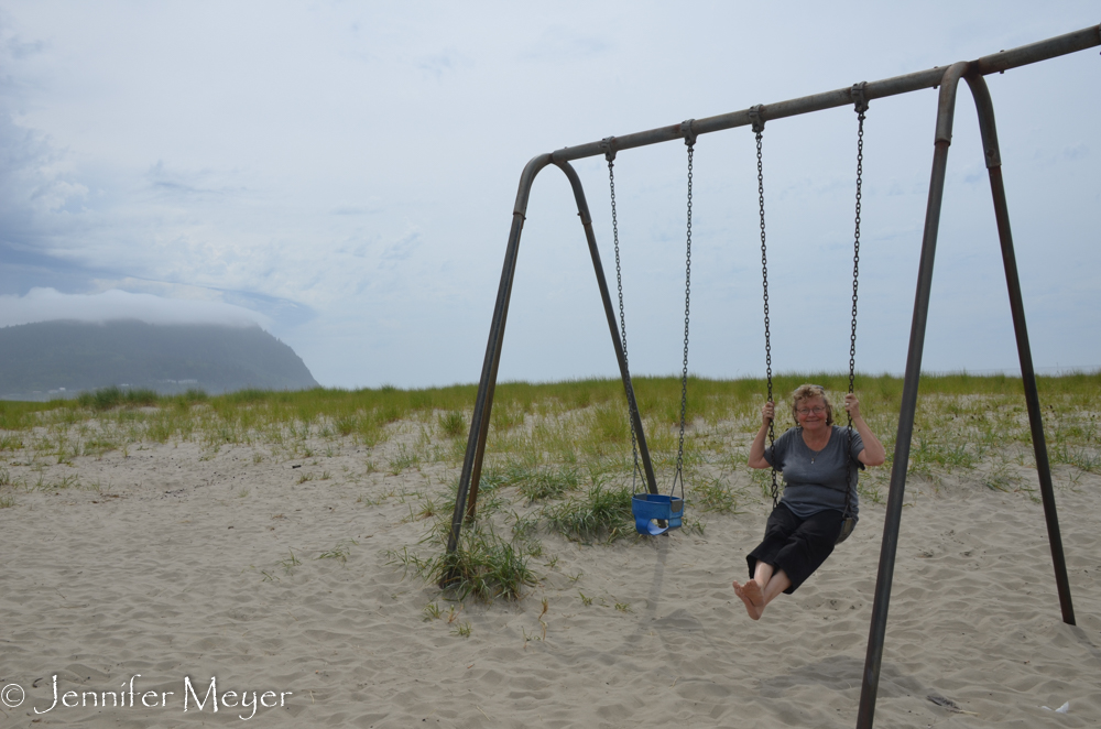 There are swing sets up and down the beach.