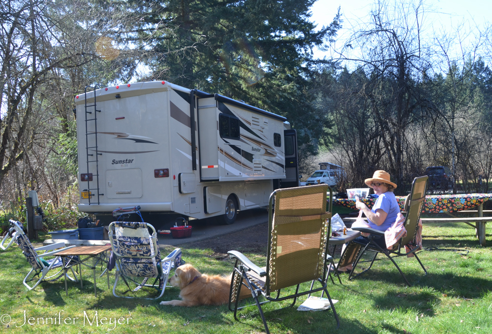 Enjoying a sunny morning at our campsite.