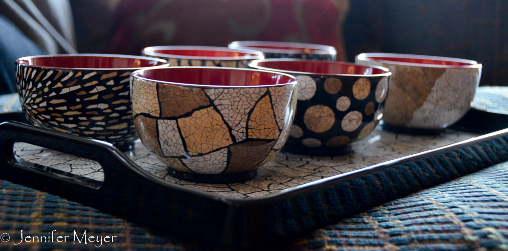 Bowls decorated with duck eggshells. C&M brought these back from Vietnam recently.