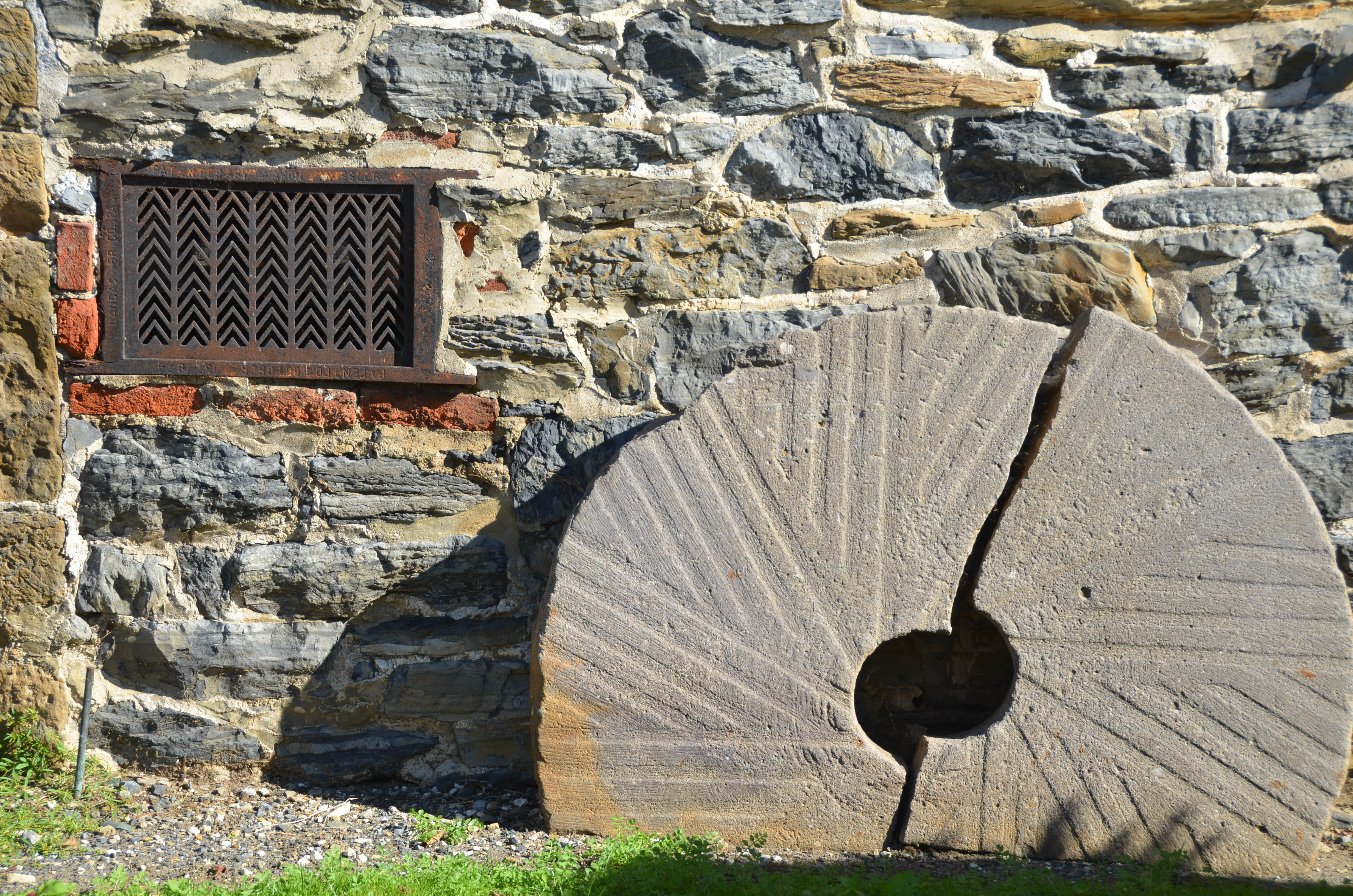 It uses granite wheels to crush corn and wheat to flour.