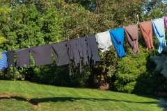 Lots of black and white clothes and colored dresses.