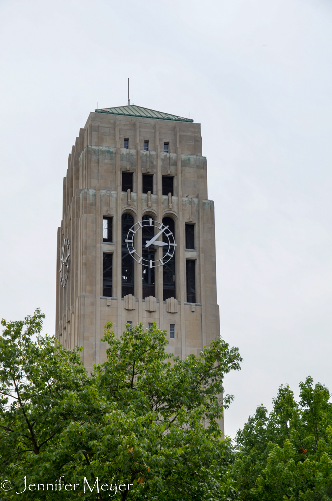 The famous campus bell tower chimes every 15 minutes.