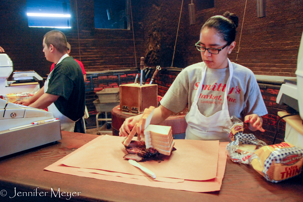 You get it on butcher paper with white bread.