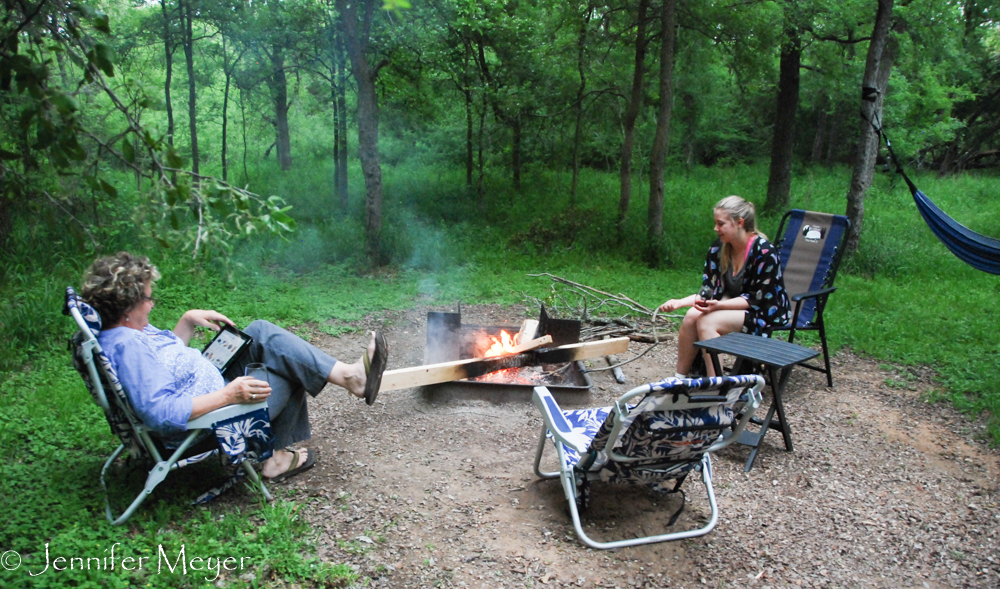 Campfire of scavenged wood.