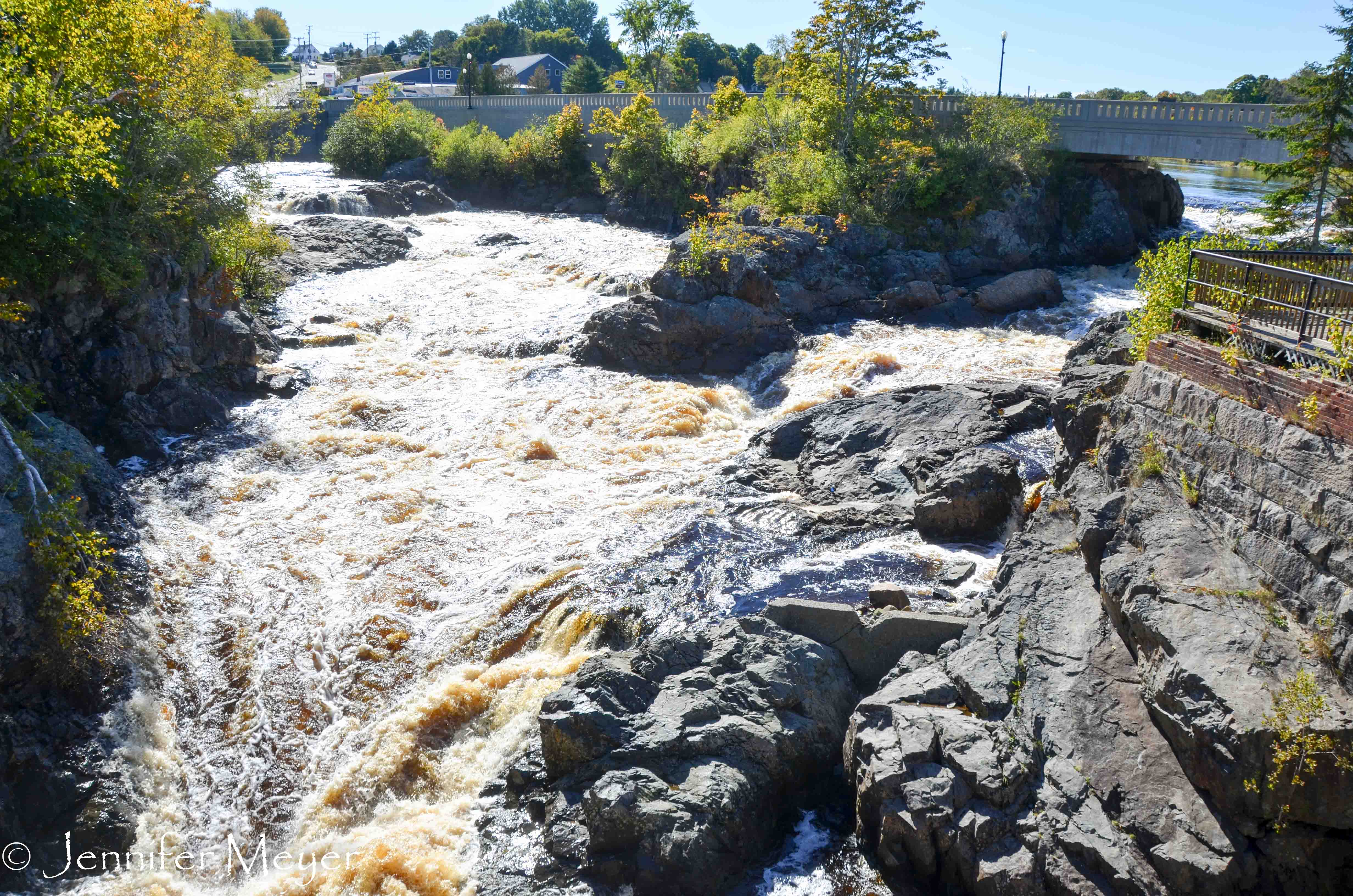 The Machias river converges to large waterfalls.