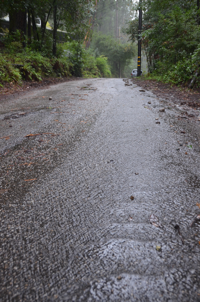 The rain poured down the road in sheets.