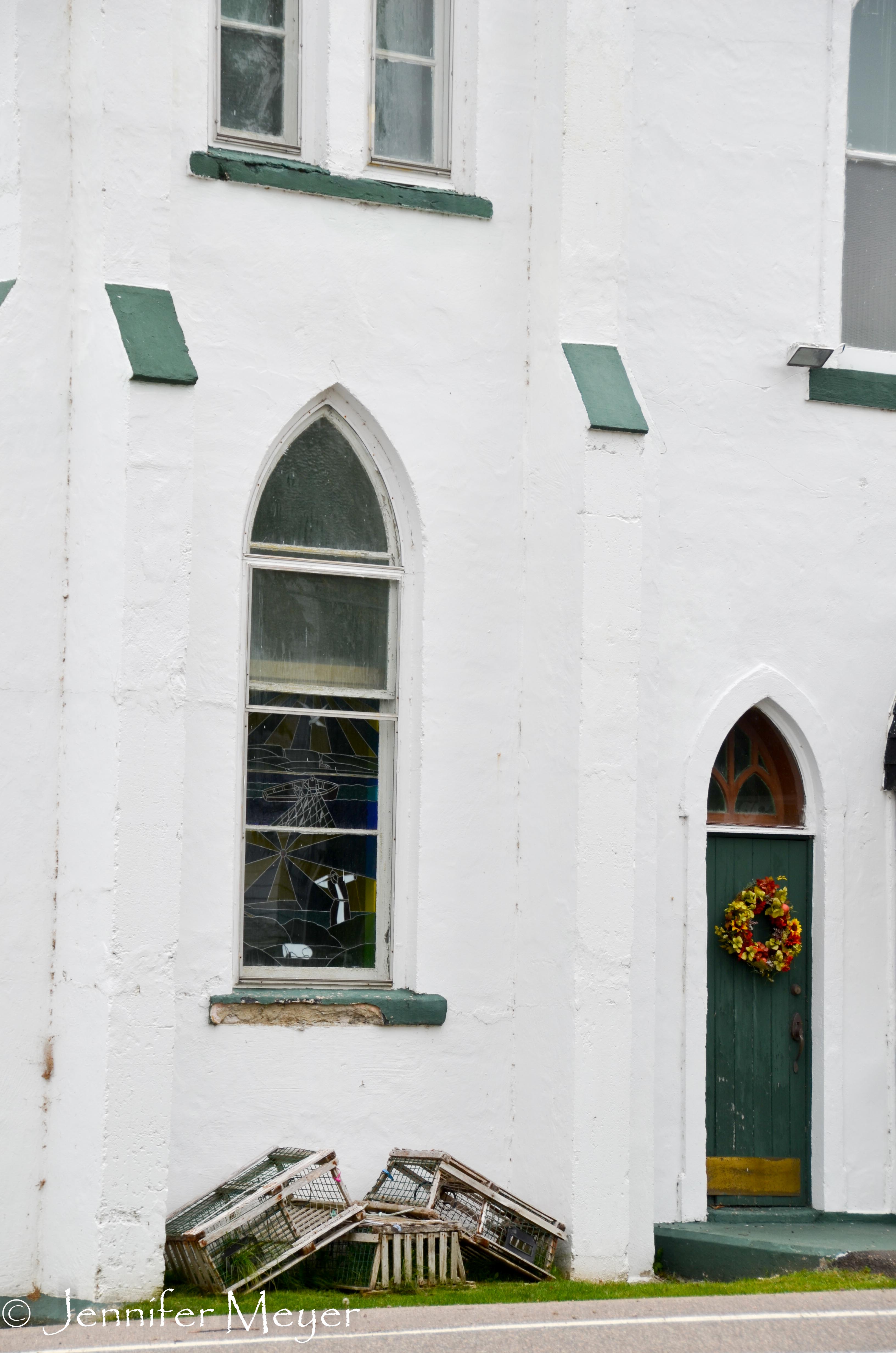 Lobster traps decorate the entrance.