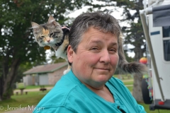 Gypsy jumped over to Debbie's shoulder.