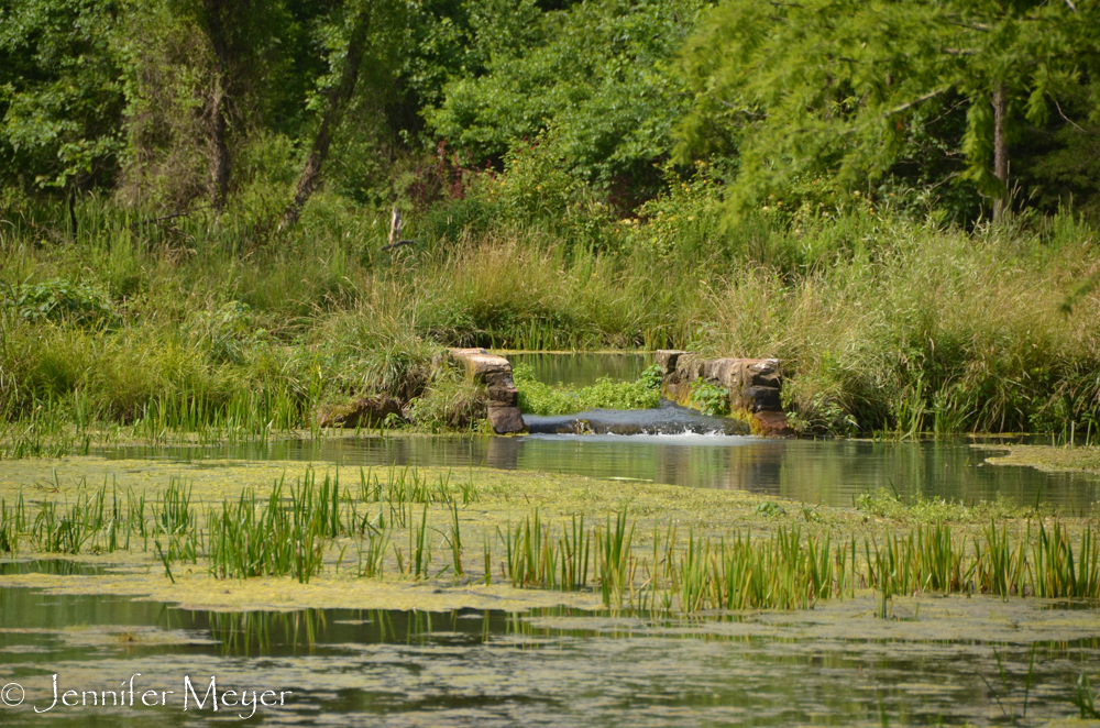 The spring-fed spillway across the lake.
