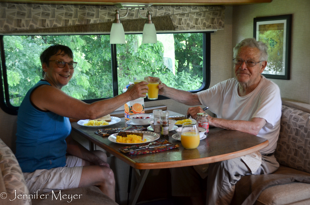 Freshly showered, ready to dig into breakfast.