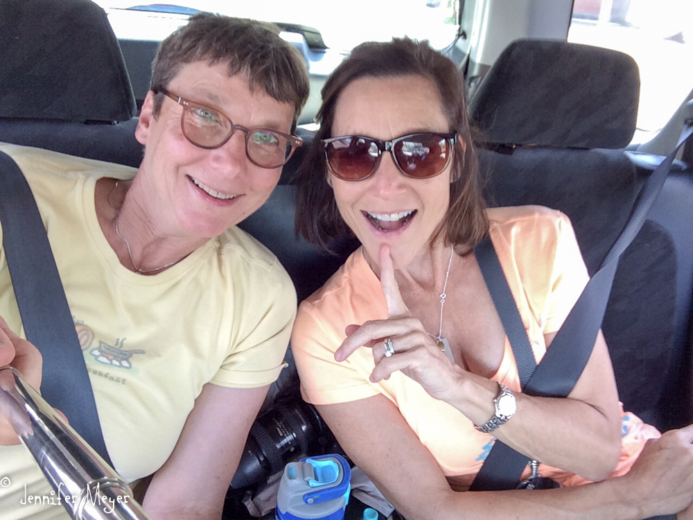 Trying out our selfie stick in the car.