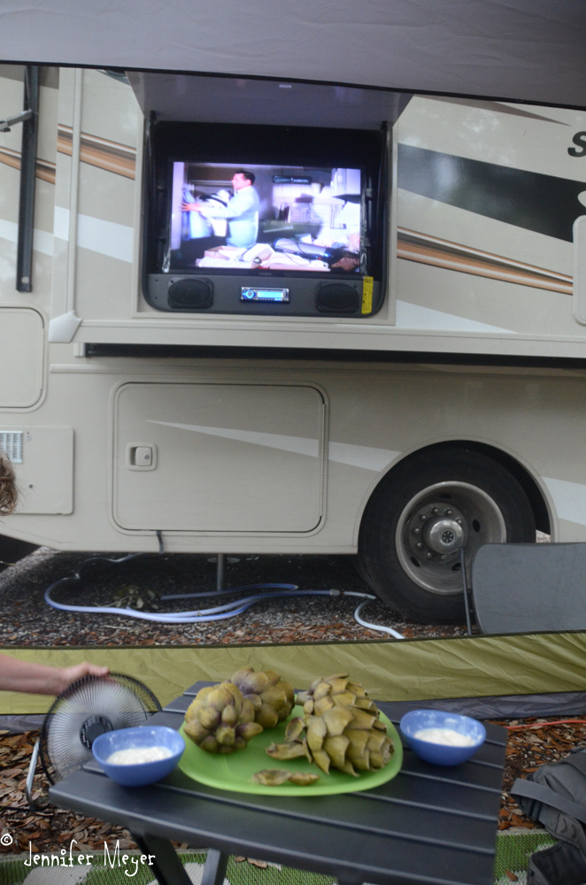 Artichoke appetizer, and the fan blowing on us.