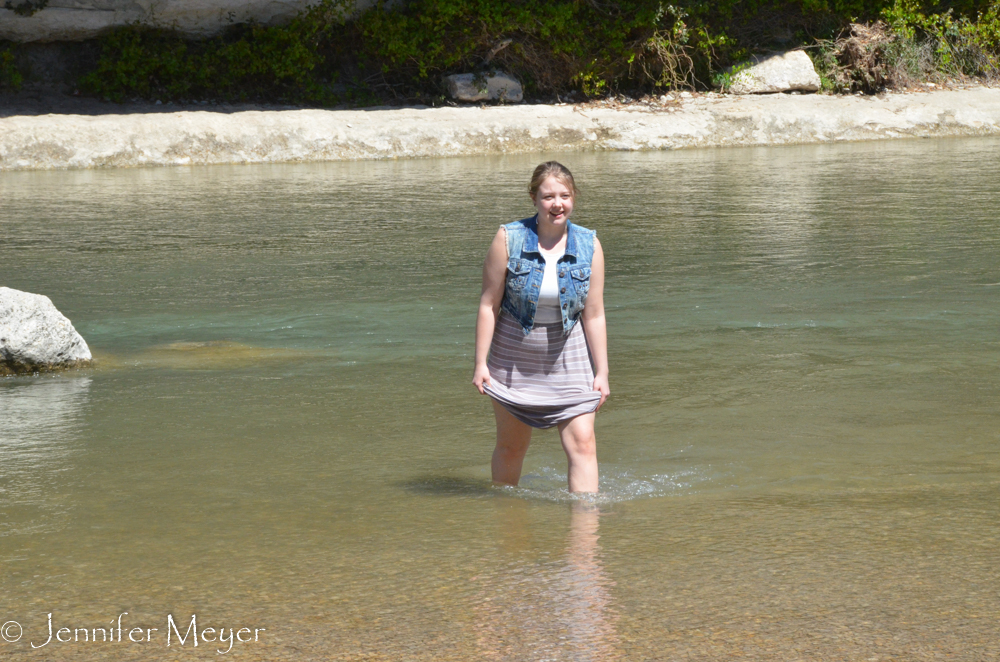 A bit cool for swimming that day, but Aly went wading.