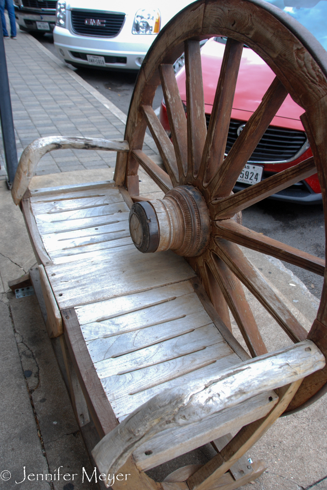 Wagon wheel bench.