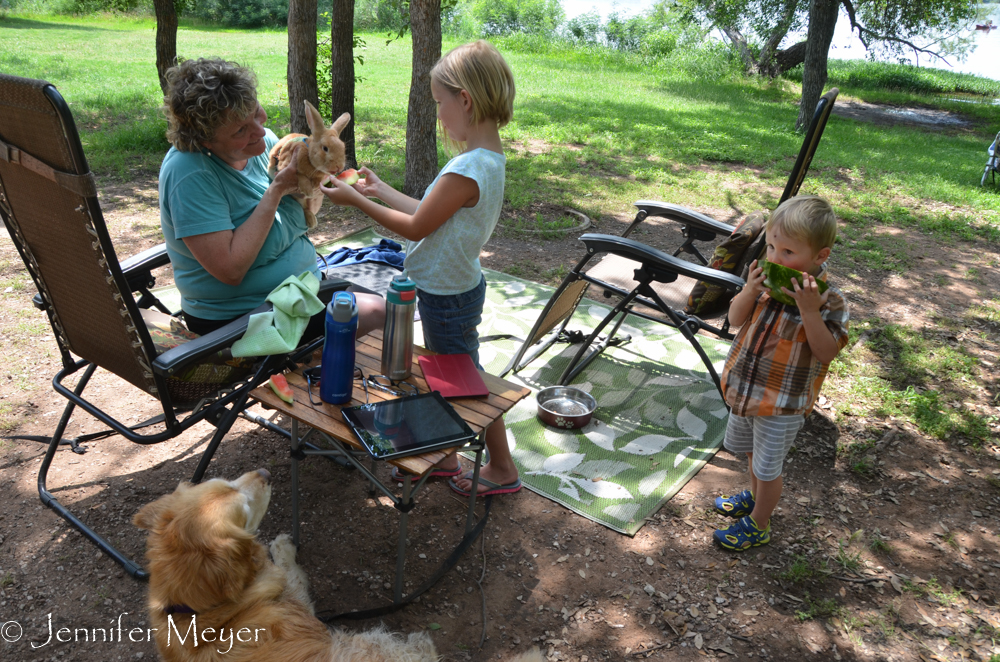 Bailey was very good with the rabbit, but she wanted watermelon, too.