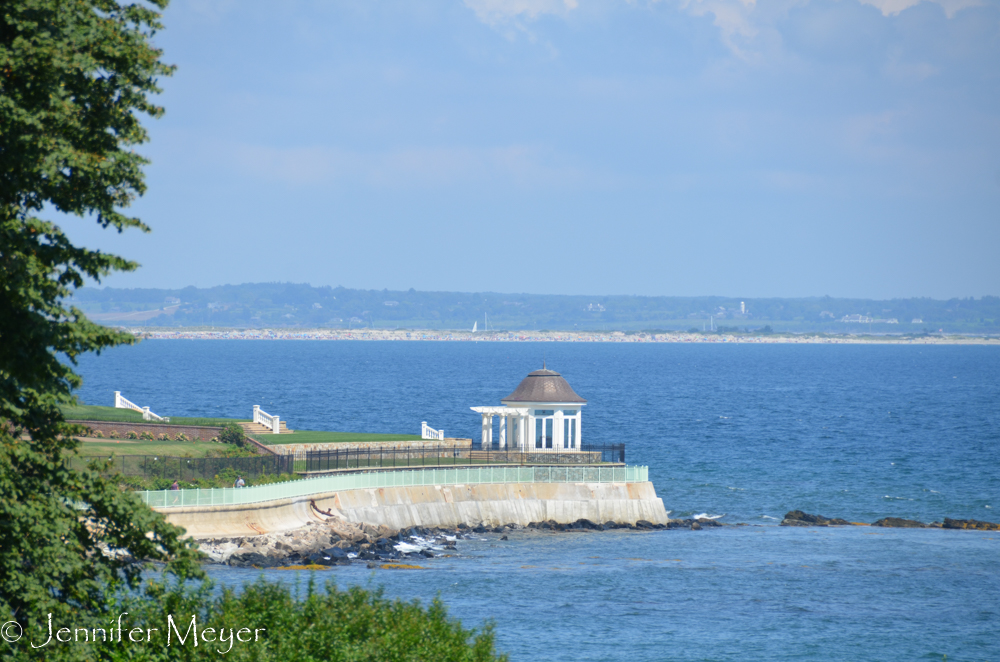 A boathouse viewed from the Rosecliff lawn.