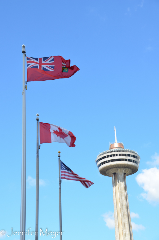 Flags and tower.