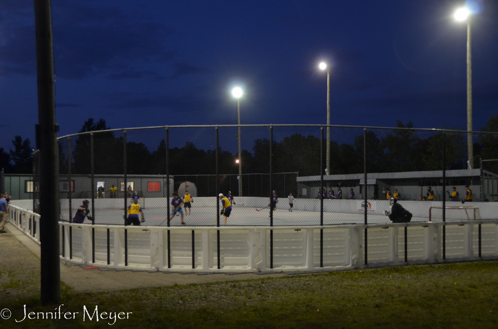 There was a field hockey rink in the park.