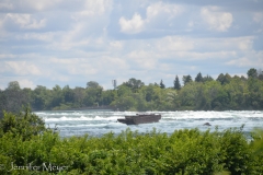 An ominous shipwreck in the river above the falls.