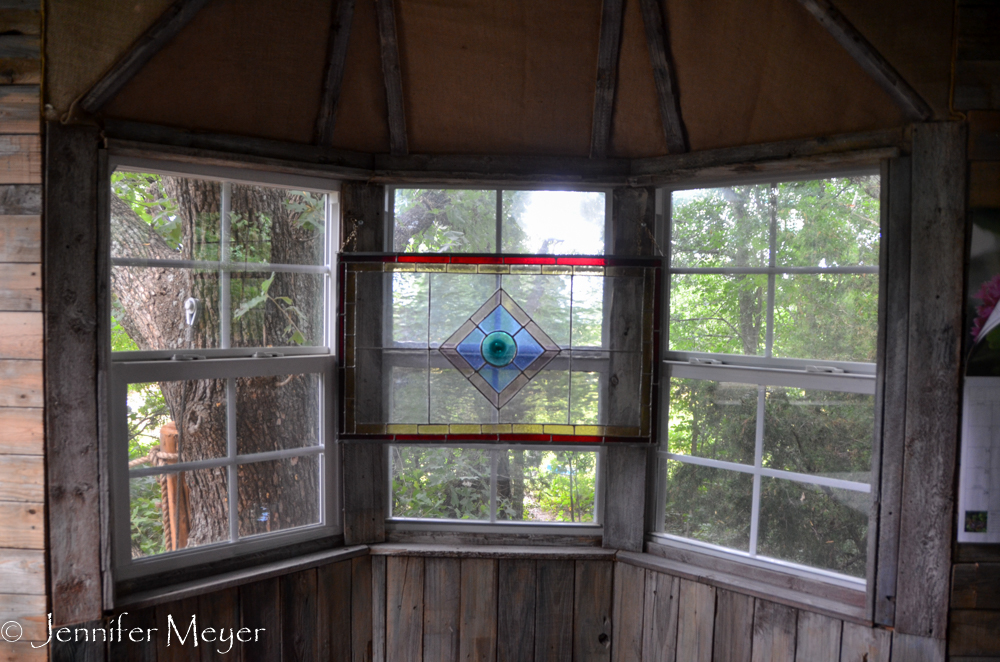 Stained glass bay window.