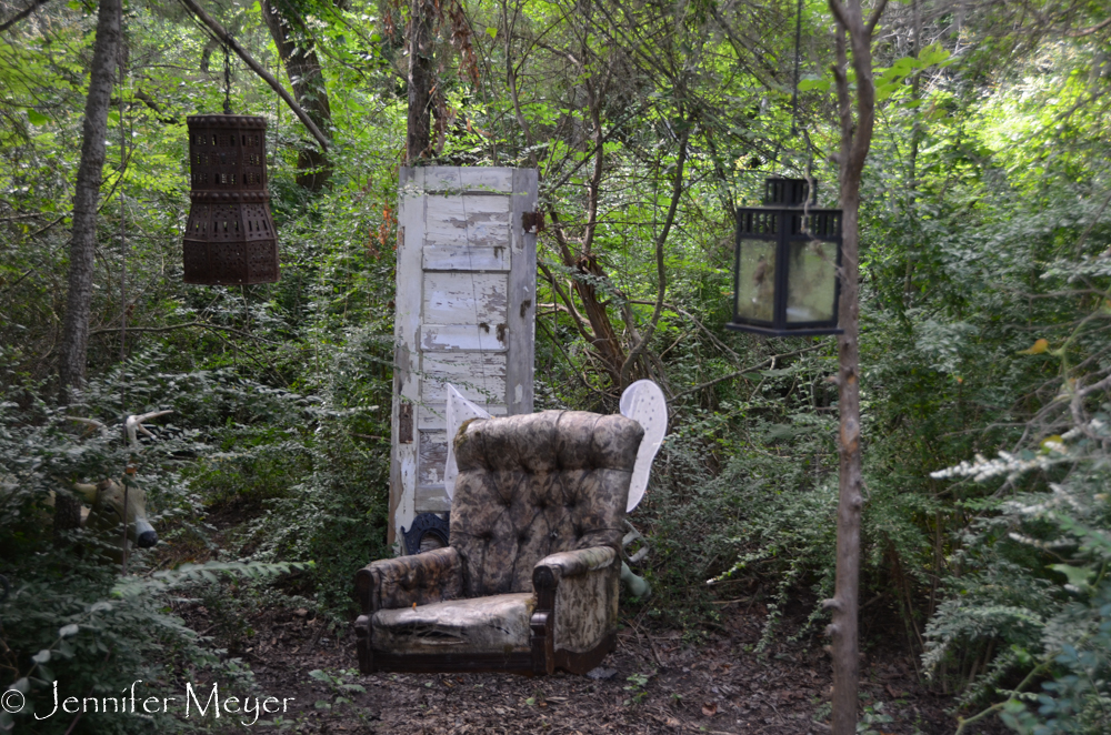 This hanging winged chair in the forest was a little creepy.