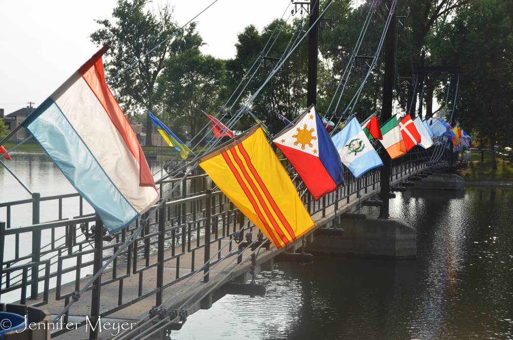 The pedestrian bridge to town from the park was decorated for the weekend festival.
