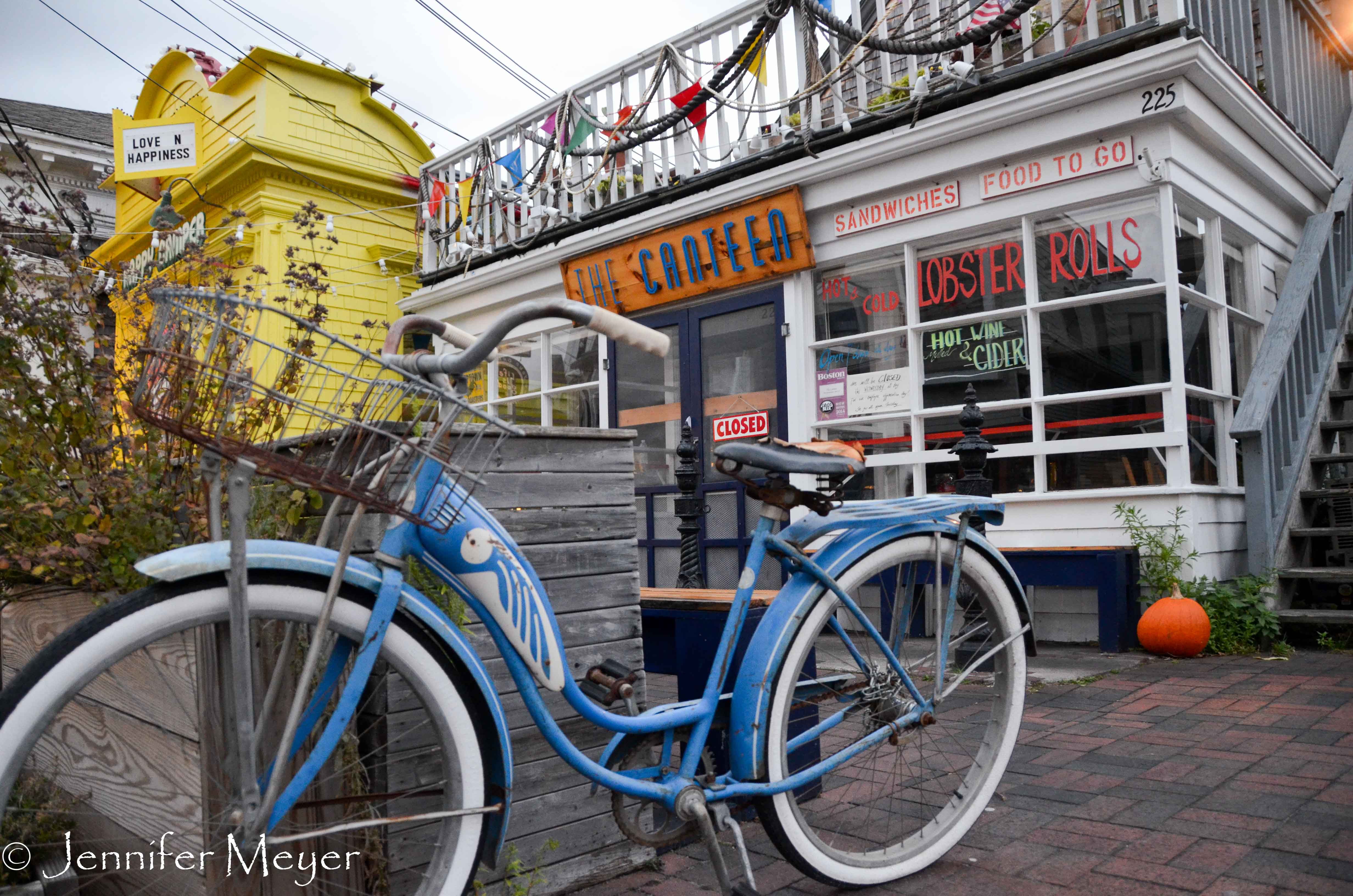 Bike outside cafe.