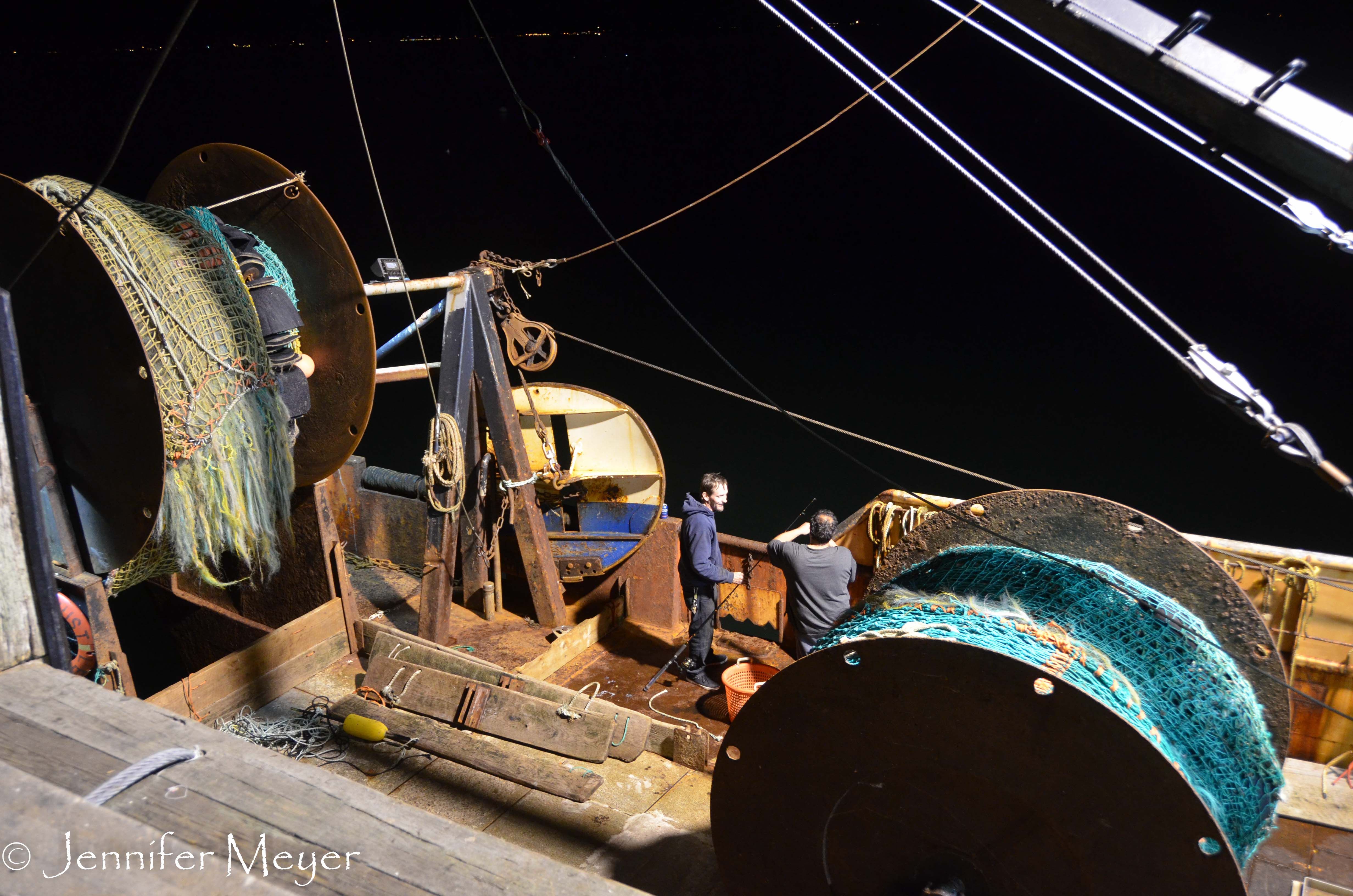 Look at the giant rolls of nets on this fishing boat.