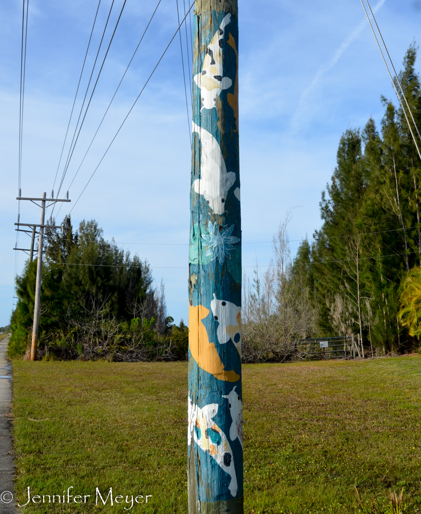 Koi painted on a telephone pole.