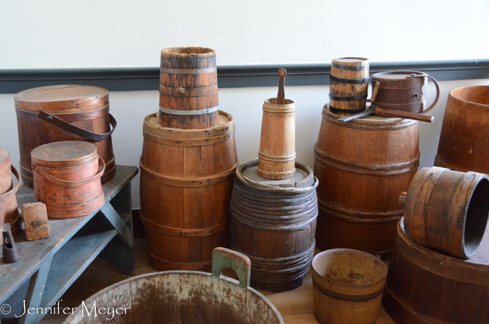 Home-made barrels and buckets.
