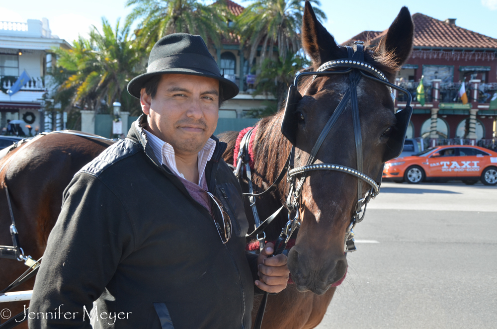 This carriage driver really loves his horse.