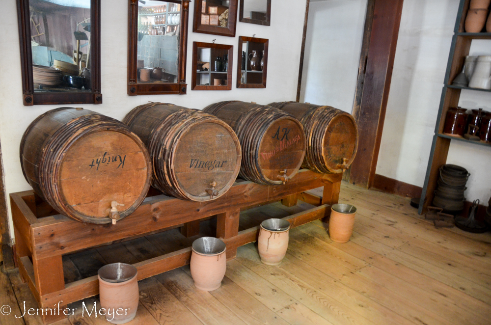 Vinegar and wine stored in barrels.