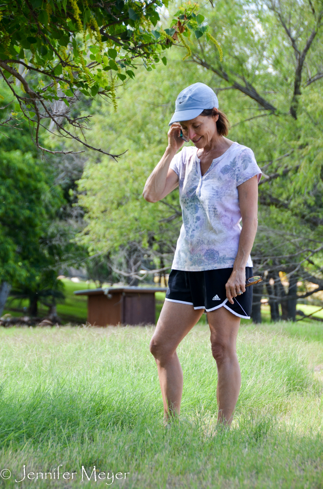 Beth talking to her son, Scott, in New Orleans.