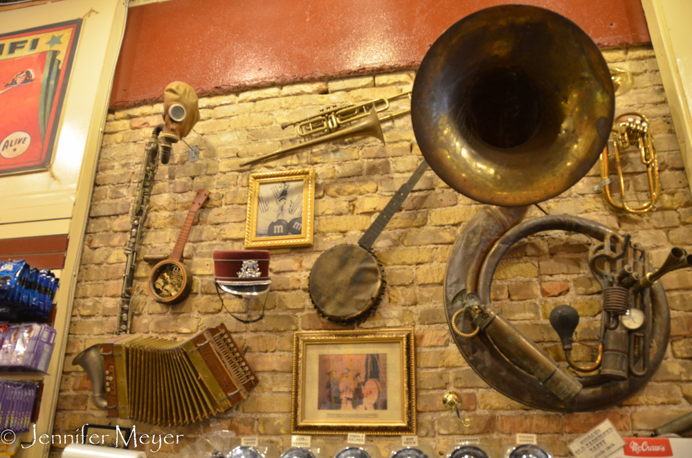 Old band instruments on the wall.
