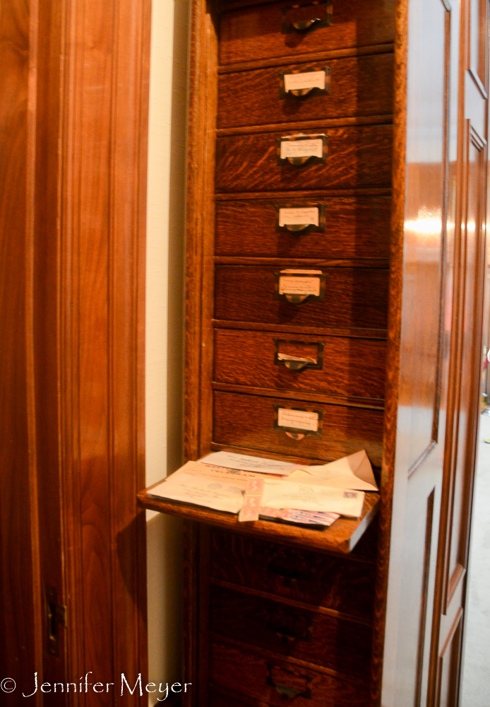 Built-in file cabinet and desk.