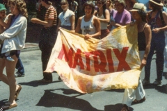 And for fun... a few more historic photos. That's Kate with a friend's son, and me with the Matrix banner in the Pride Parade.