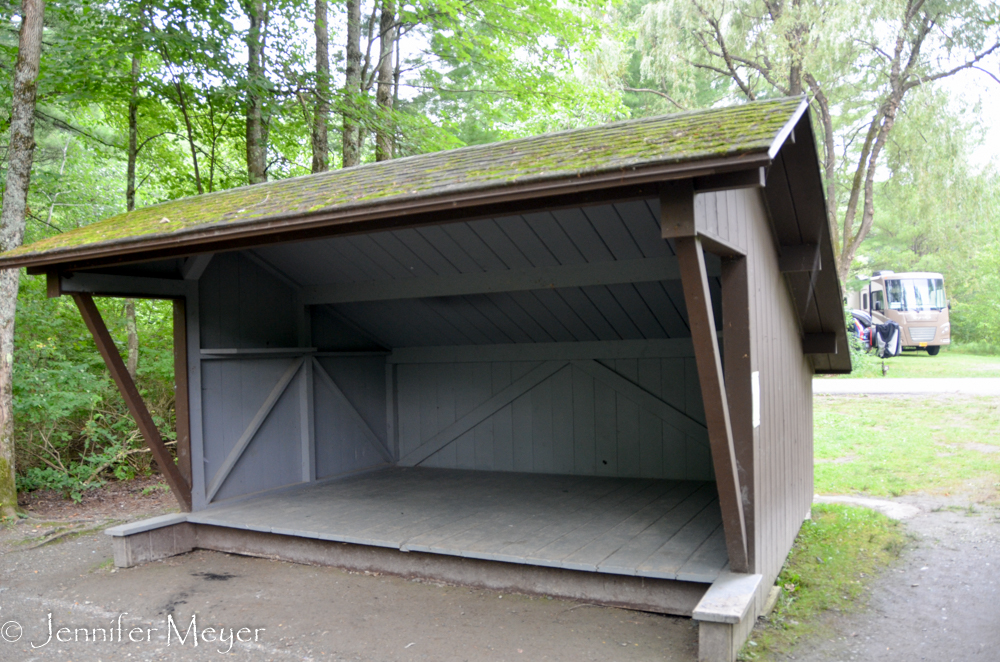 The campground had sites with shelters for bad weather.