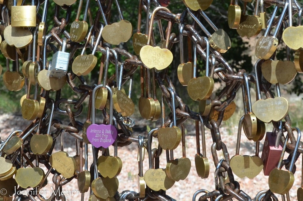 You can purchase and engrave heart padlocks to put on this sculpture.