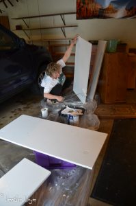 The walls and the bare plywood shelves got several coats of fresh paint.