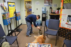 Kid plays with Gypsy in the waiting room.