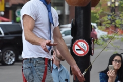 This guy was preparing to do some pole tricks.