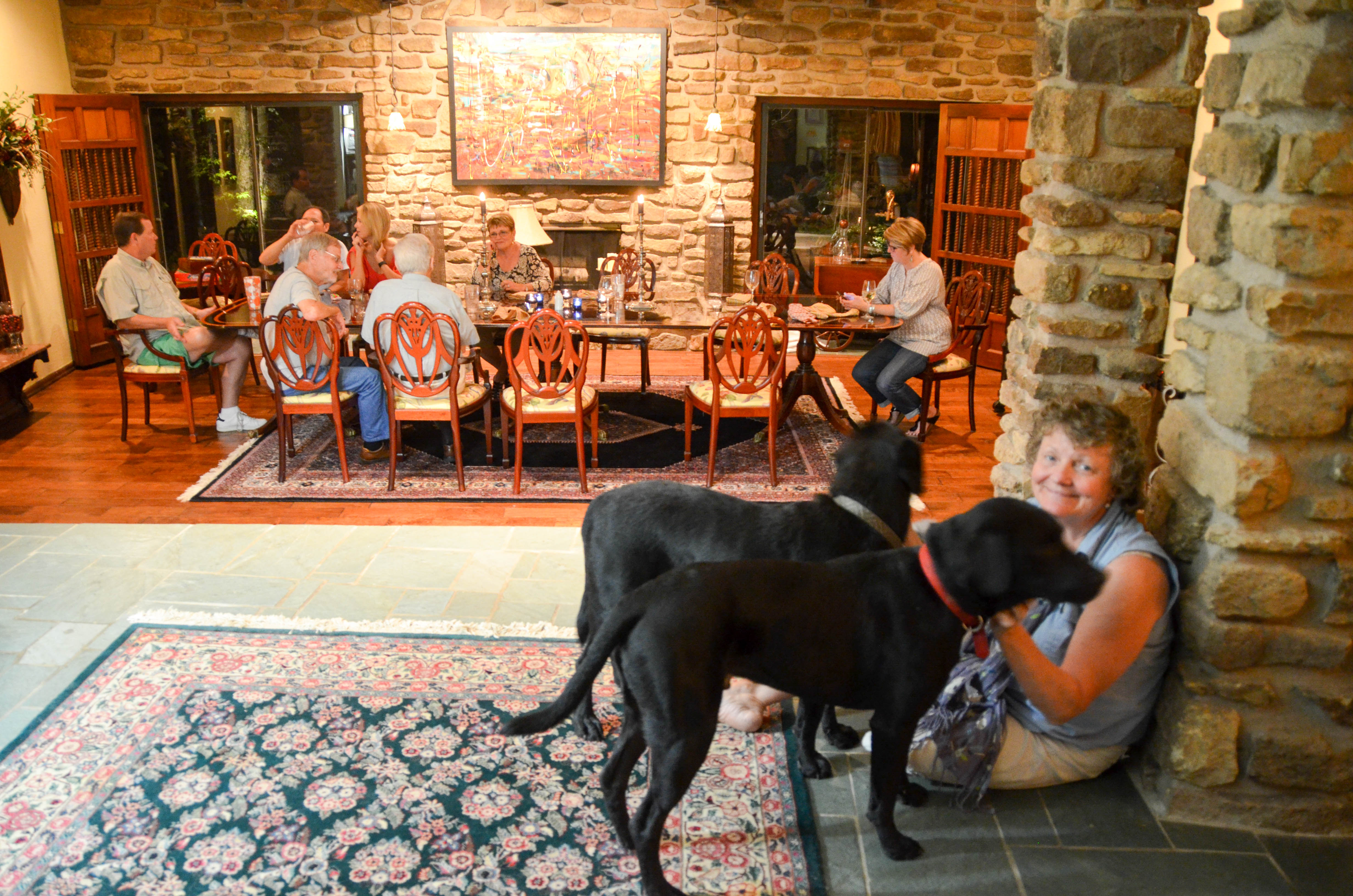 Kate plays with the dogs.